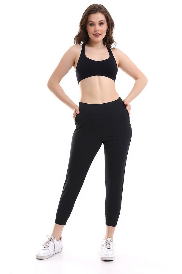 Kadın Yüksek Bel Geniş Kemer Dalgıç Kumaş Jogger Full Likralı Tayt Eşofman Bilek Üstü - 2
