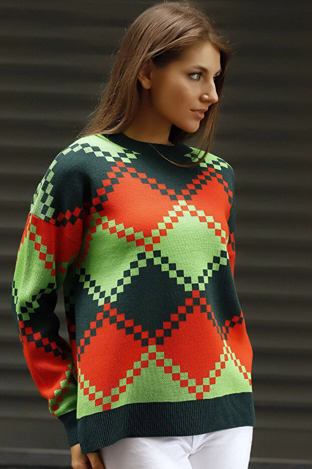 Round Crew Neck Long Sleeve Diamond Pattern Color Block Comfortable Fit Winter Knitwear Sweater