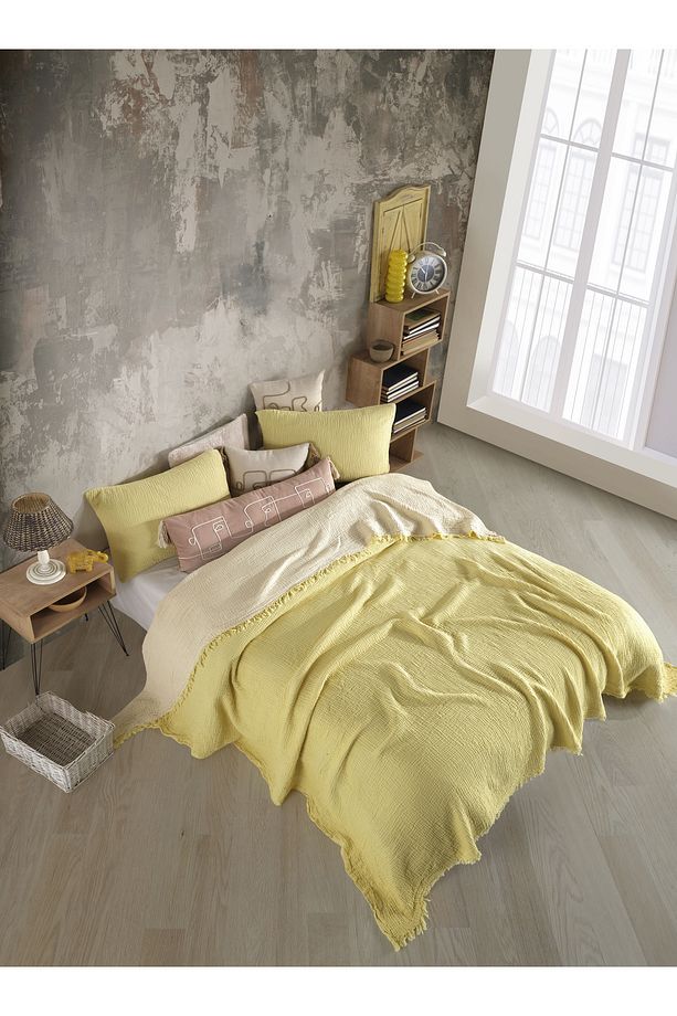 Sarı Tek Kişilik 160 X 240cm Yatak Örtüsü/1 Adet 50x70cm Yastık 4 Katlı Multi Muslin %100 Pamuk - 1