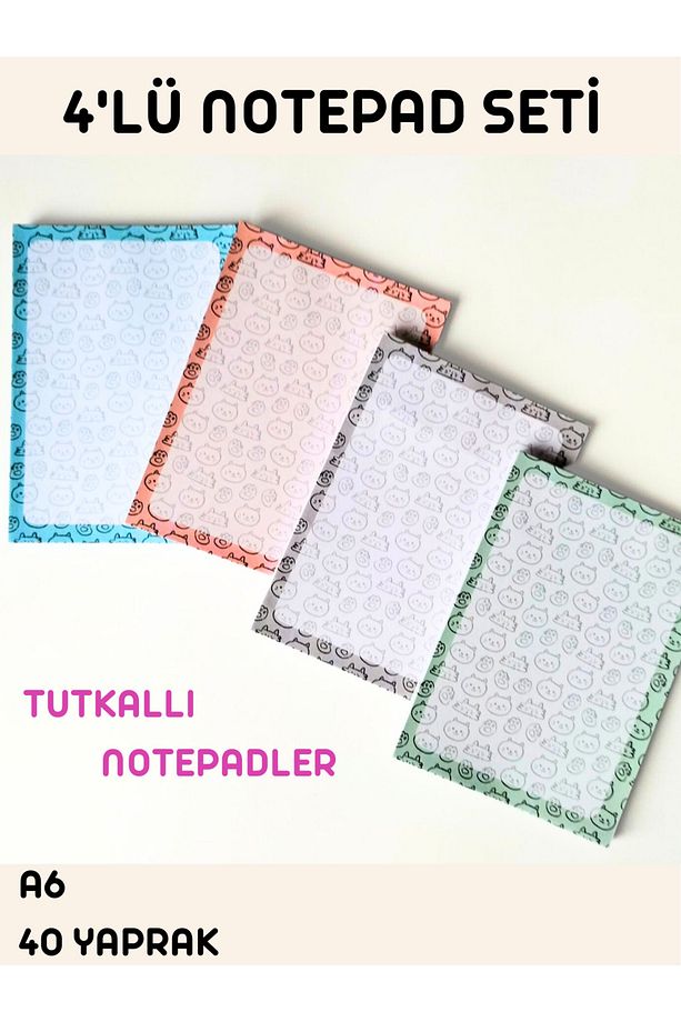 RENKLİ KEDİLİ 4 LÜ TUTKALLI NOTEPAD SETİ , A6 - 1