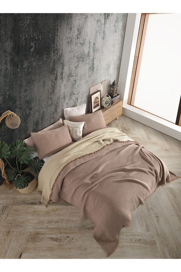 Kahve Tek Kişilik 160 X 240cm Yatak Örtüsü/1 Adet 50x70cm Yastık 4 Katlı Multi Muslin %100 Pamuk - 1