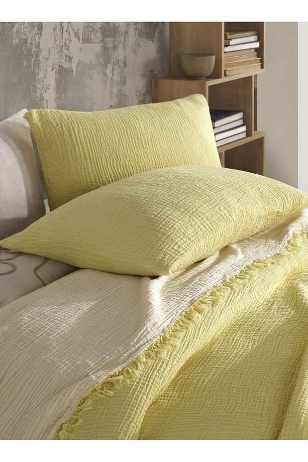 Sarı Tek Kişilik 160 X 240cm Yatak Örtüsü/1 Adet 50x70cm Yastık 4 Katlı Multi Muslin %100 Pamuk - 6