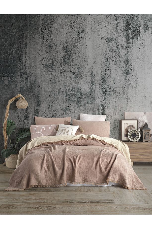 Kahve Tek Kişilik 180x240cm Yatak Örtüsü/1 Adet 50x70cm Yastık 4 Katlı Multi Muslin %100 Pamuk - 4