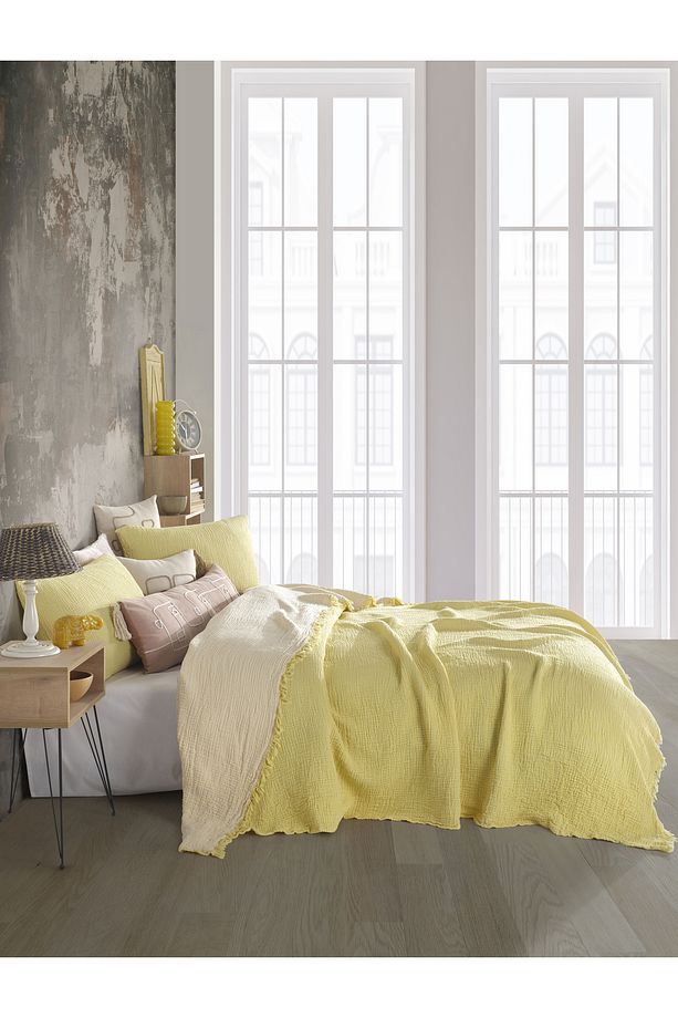 Sarı Tek Kişilik 160 X 240cm Yatak Örtüsü/1 Adet 50x70cm Yastık 4 Katlı Multi Muslin %100 Pamuk - 5