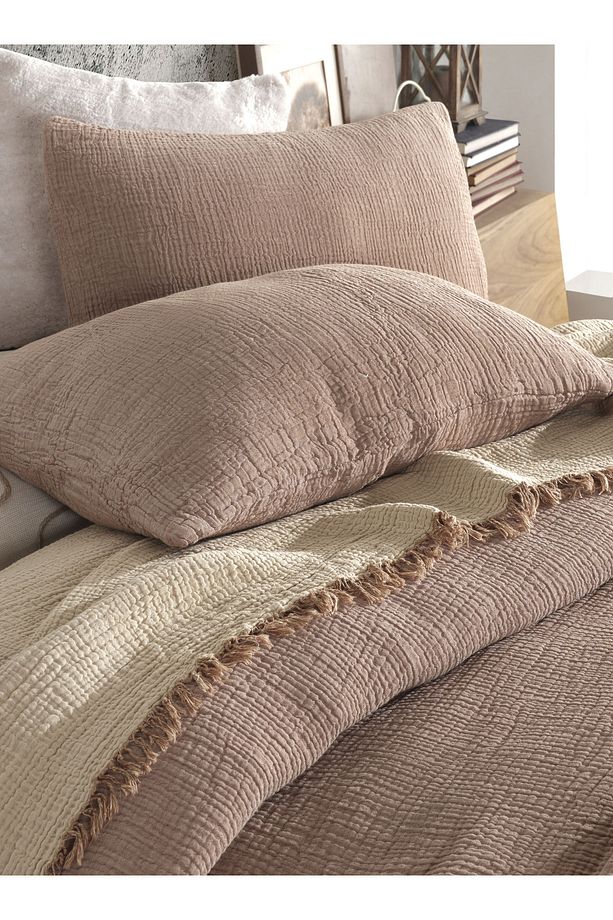 Kahve Tek Kişilik 160 X 240cm Yatak Örtüsü/1 Adet 50x70cm Yastık 4 Katlı Multi Muslin %100 Pamuk - 6