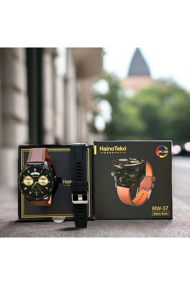 Hainoteko Rw-37 Bluetooth Kulaklıklı 2si 1 Arada Deri ve Slikon Kordonlu Amoled Ekran Akıllı Saat - 1