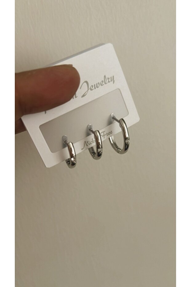 ÇELİK HALKA TEK TAŞLI ÜÇLÜ KÜPE SET - 1