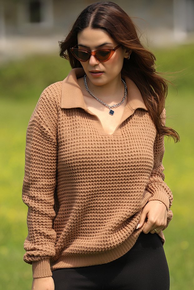 Women's Polo Collar Selanik Brioche Knit Long Sleeve Relaxed Fit Winter Thick Knit Sweater