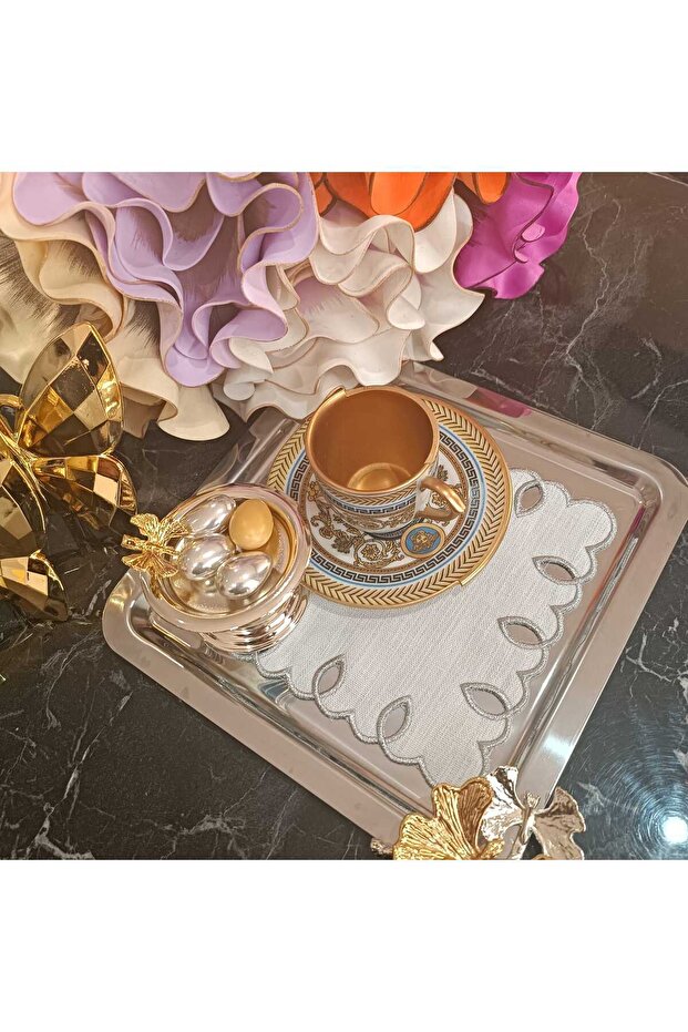 Adresanna silver glitter embroidered coffee side, presentation napkin and cocktail napkin 2 pieces