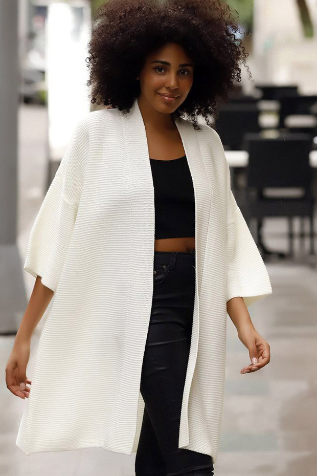 Folded Shawl Collar Wide Short Half Sleeve Long Pocketless Comfortable Loose Fit Seasonal Over-the-Knee Knitwear Cardigan
