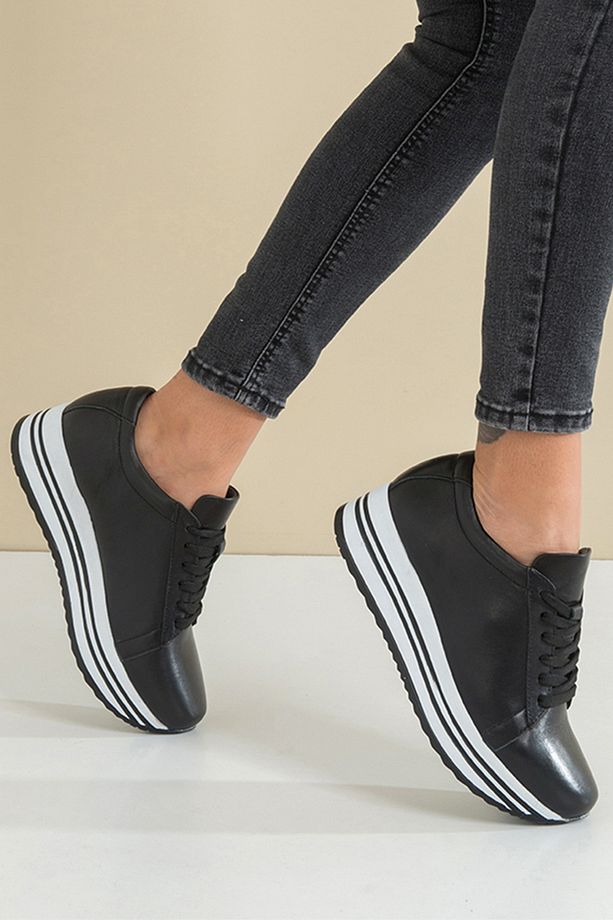 Siyah Hakiki Deri Kadın Sneaker Yüksek Taban Sneaker Ayakkabı Kadın Sneaker Platform Spor Ayakkabı - 1