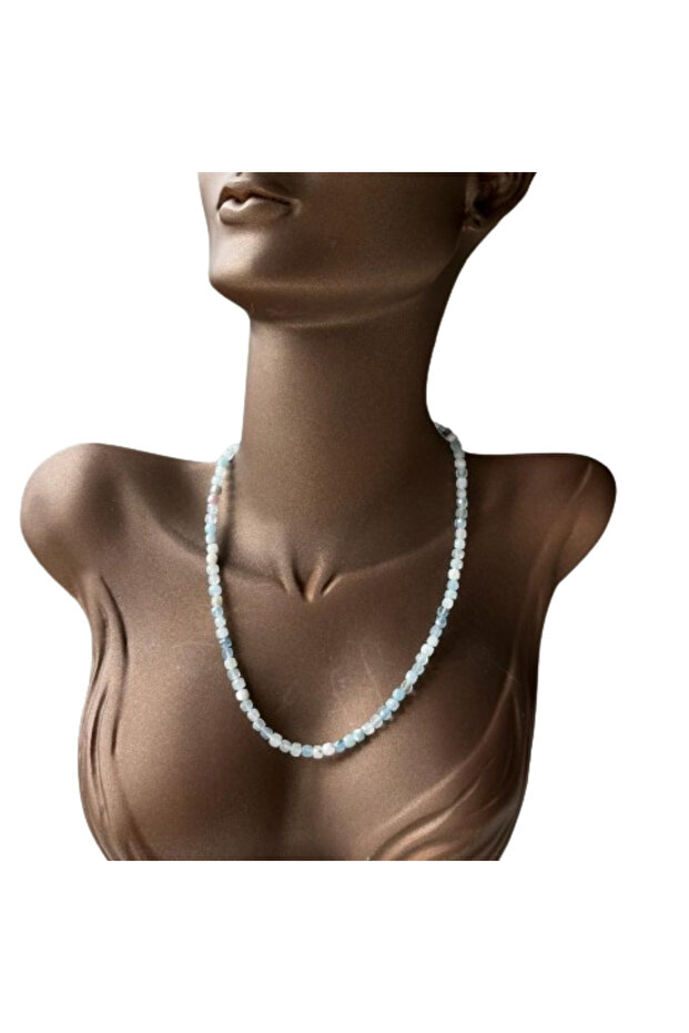 Aquamarine Cube Cut Natural Stone Necklace 43 CM