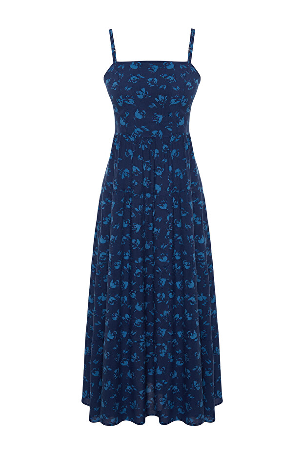 Indigo A Kesim Çiçek Desenli Boho Askılı Midi Dokuma Elbise TWOSS21EL1341 - 11
