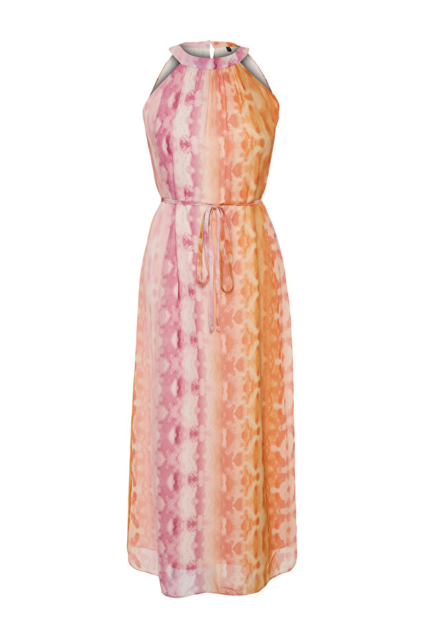 Pembe Soyut Desenli Düz Kesim Şifon Astarlı Maxi Dokuma Elbise TWOSS24EL00207 - 8