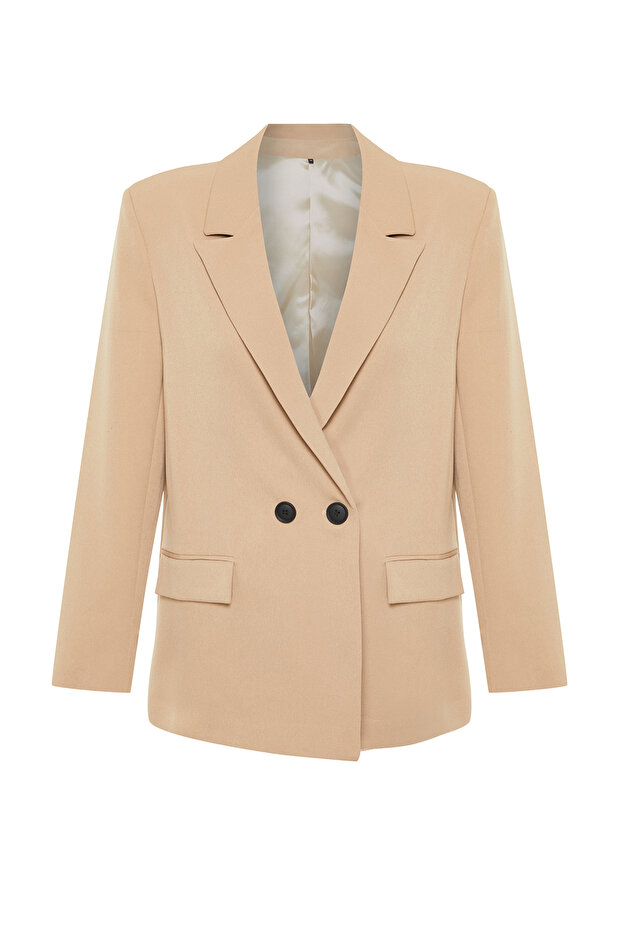 Camel Oversize Düz Kesim Basic Kruvaze Dokuma Blazer Ceket TWOSS24BC00028 - 9