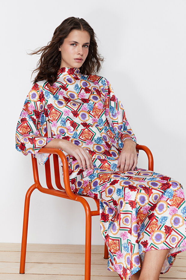 Többszínű virágmintás szatén szőtt ruha TCTSS24DB00016 - 5