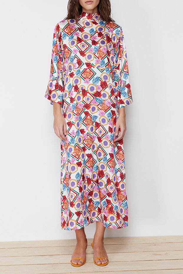 Többszínű virágmintás szatén szőtt ruha TCTSS24DB00016 - 3