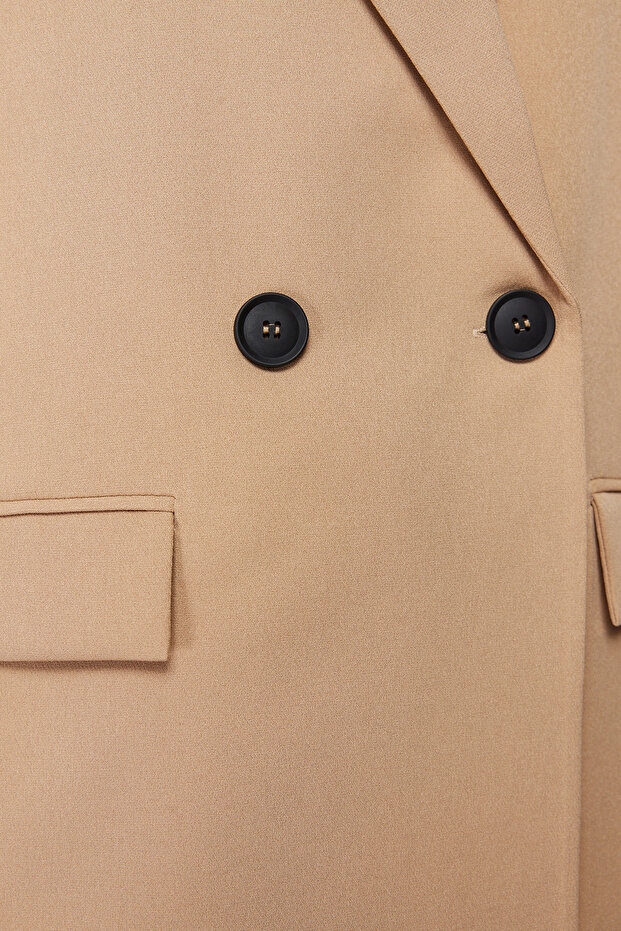 Camel Oversize Düz Kesim Basic Kruvaze Dokuma Blazer Ceket TWOSS24BC00028 - 6