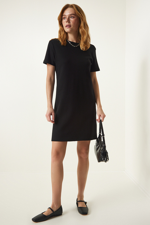 Women's Black Crew Neck Casual Combed Cotton Dress OW00026