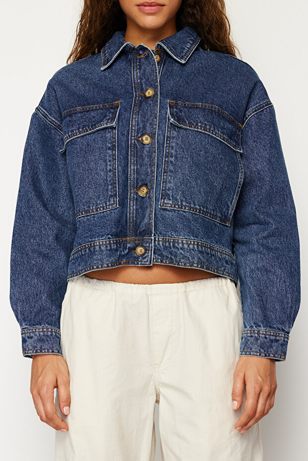Koyu Mavi More Sustainable Cep Detaylı Denim Ceket TWOSS24CE00029 - 4