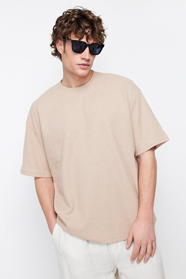 Camel Oversize/Geniş Kesim Bisiklet Yaka Kısa Kollu Basic Dokulu T-shirt TMNSS22TS00049 - 1