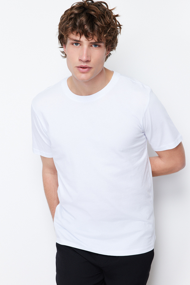 Beyaz Slim/Dar Kesim Kısa Kollu %100 Pamuklu Bisiklet Yaka T-Shirt TMNSS19BO0001 - 4