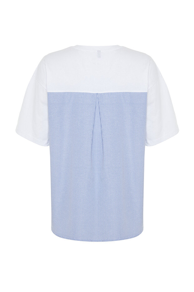 Beyaz Çizgili Kalın Pamuklu Poplin Detaylı Oversize/Geniş Kalıp Örme T-Shirt TWOSS24TS00006 - 8