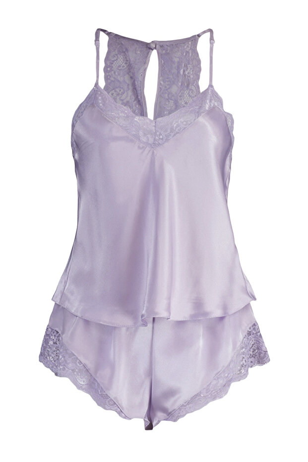 Lila Dantelli İp Askılı Saten Şortlu Dokuma Pijama Takımı THMSS22PT0269 - 8