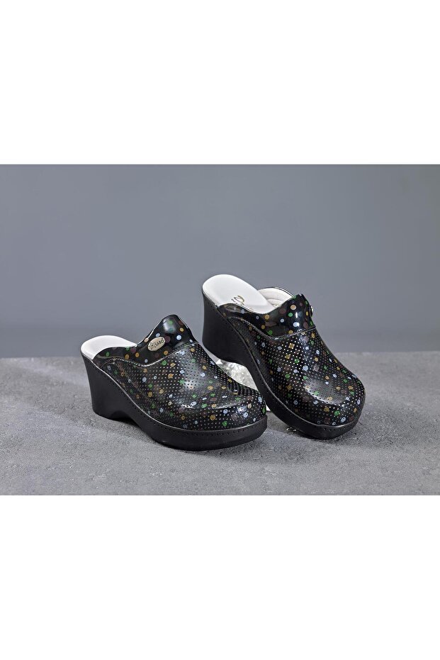 Wedge Heeled Women's Sabo Slippers 707 Black Polka Dot