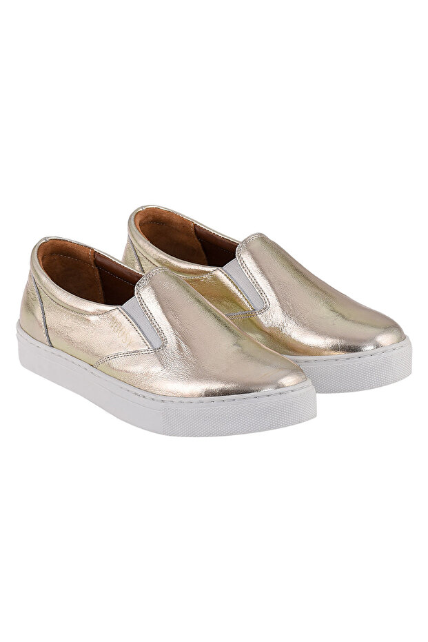 Women's Glass Broken Patterned Metallic Gold Genuine Leather Sneakers