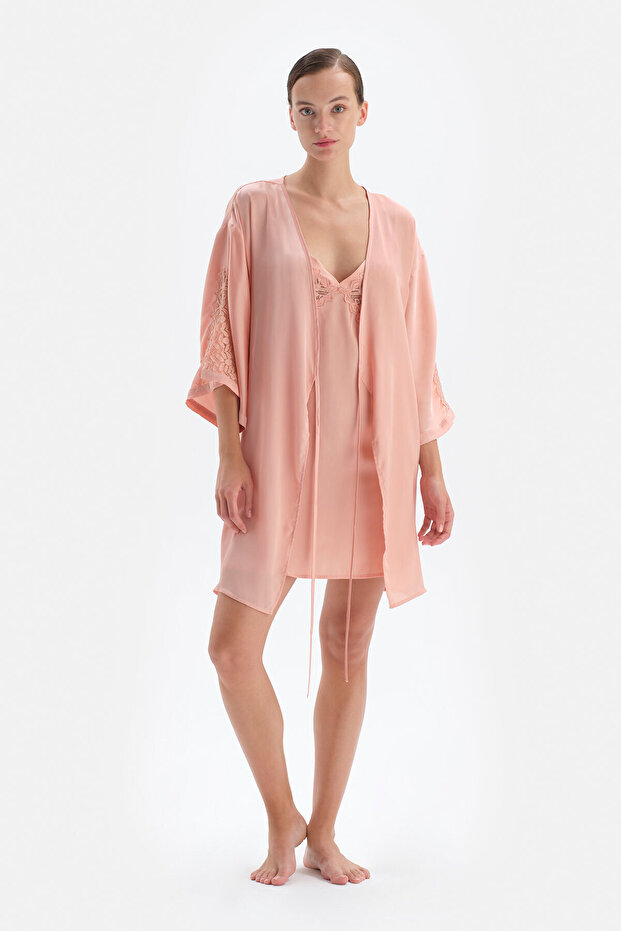 Tied Satin Dressing Gown with Salmon Lace Detail