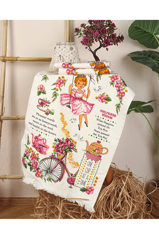 Fringed Kitchen Towel Model Printed Velvet Kitchen Towel Set of 3 GIRL ON A BICYCLE