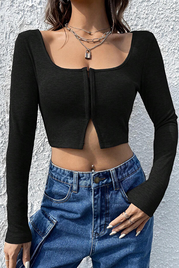 Kadın Siyah Uzun Kollu Agraflı Göğüs ve Göbek Dekolteli Crop Top Bluz - 3