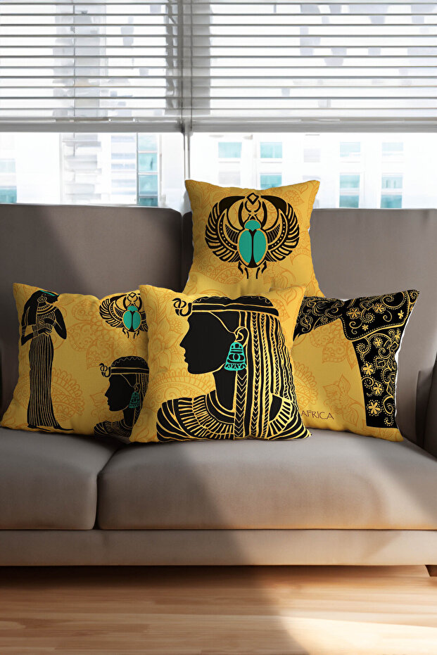 Yellow Background African Themed Elephant and Women's Patterned Digital Printed 4-Piece Throw Pillow Pillowcase Set