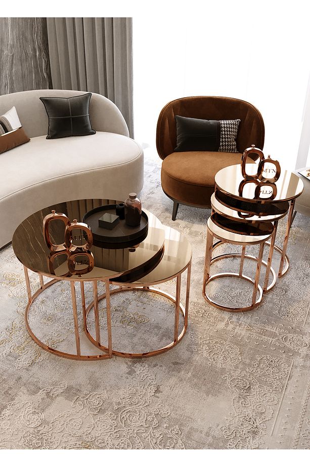 Yavrulu Orta Sehpa Ve 3' Lü Zigon Bronz Ayak Bronz Ayna - 2