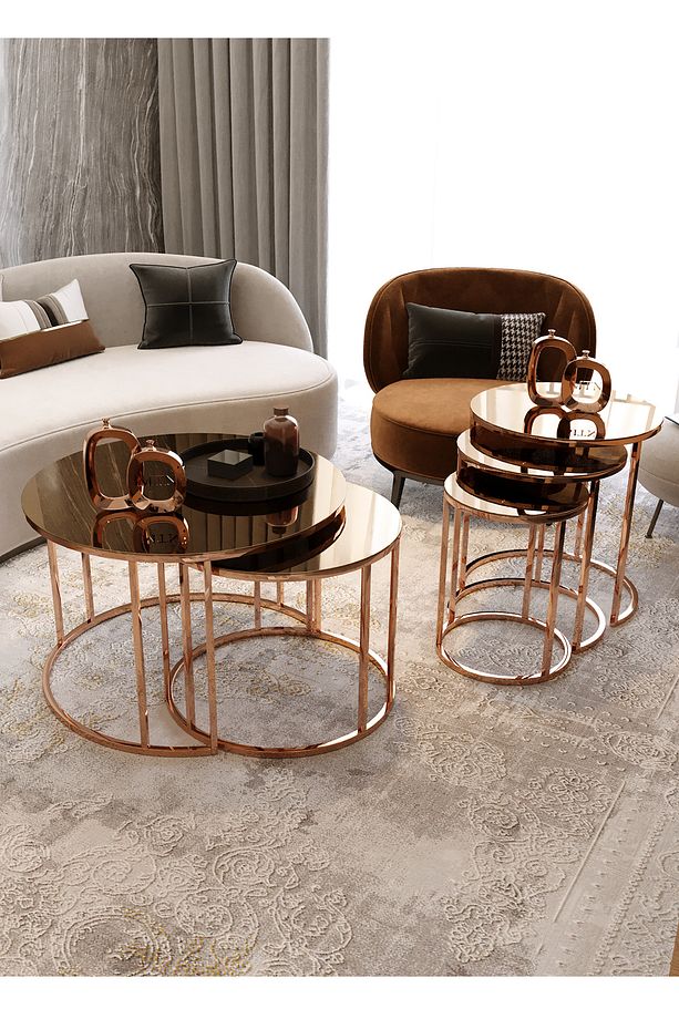 Yavrulu Orta Sehpa Ve 3' Lü Zigon Bronz Ayak Bronz Ayna - 3