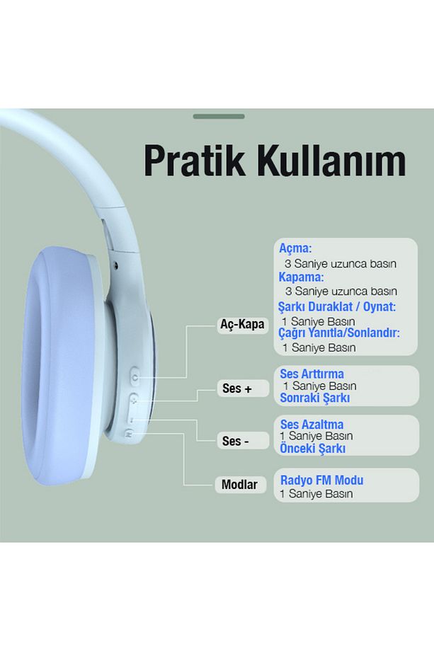 P2962 Kulaküstü Kablosuz Bluetooth Kulaklık MAVİ - 5