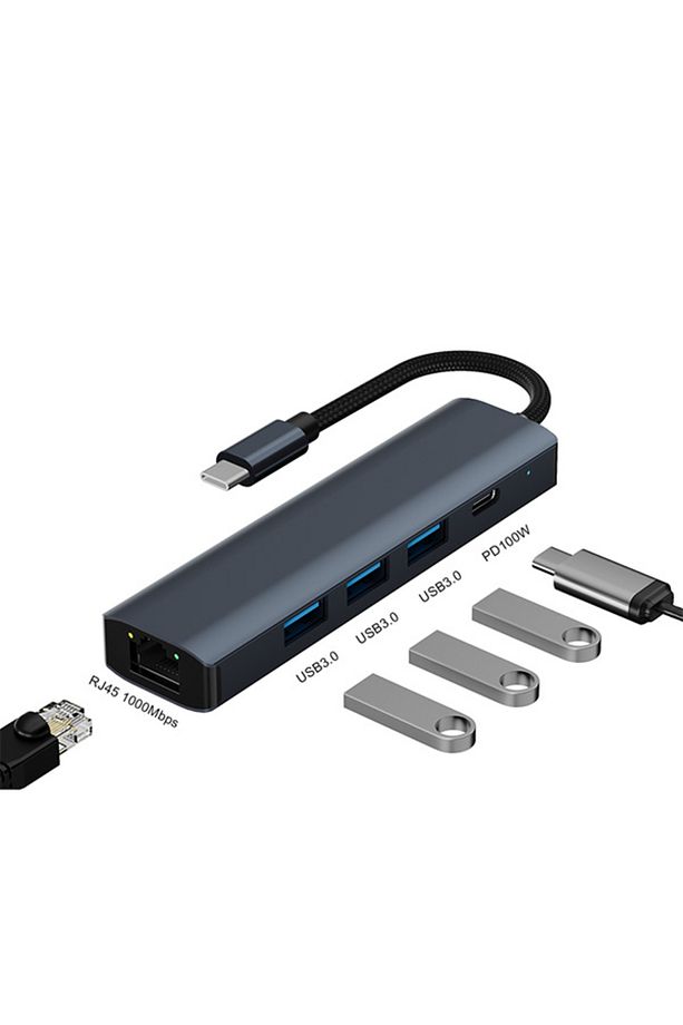BYL-2302 5 IN 1 Type-c To USB + Type-c + Ethernet Dönüştürücü Çoğaltıcı Hub FÜME - 2