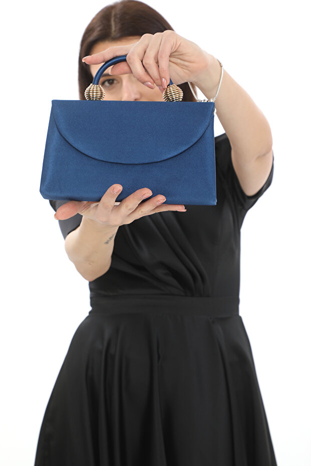 Navy Blue Satin Fabric Evening Dress Women's Bag Hand and Long Strap Use (with Chain Strap)