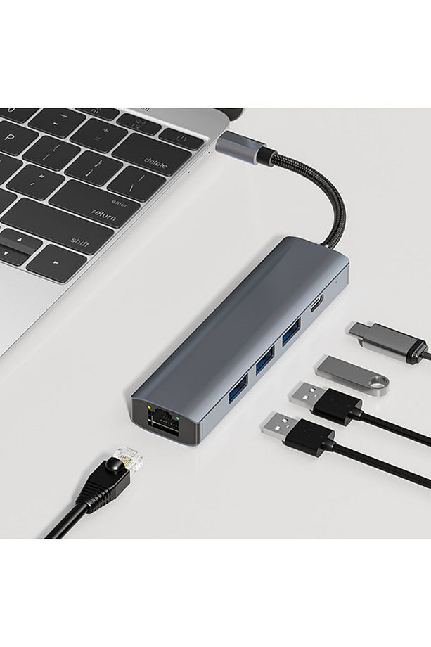 BYL-2302 5 IN 1 Type-c To USB + Type-c + Ethernet Dönüştürücü Çoğaltıcı Hub FÜME - 6