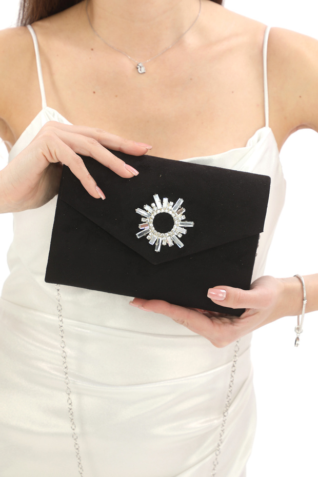 Suede Black Colored Evening Dress Bag with Stone Accessories, Magnetic Envelope Cover and Can Be Used on Hand and with Shoulder Strap