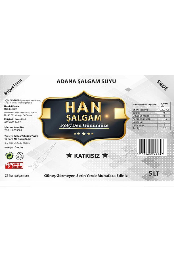 Şalgam Katkısız Adana Şalgamı Acısız Sade 5 Lt (4 Adet) - 7