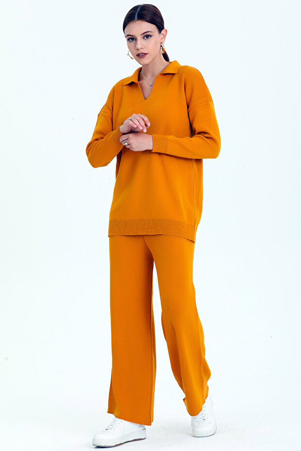 V Polo Neck Long Sleeve Sweater Elastic Waist Straight Leg Trousers Knitwear Basic Seasonal Double Set
