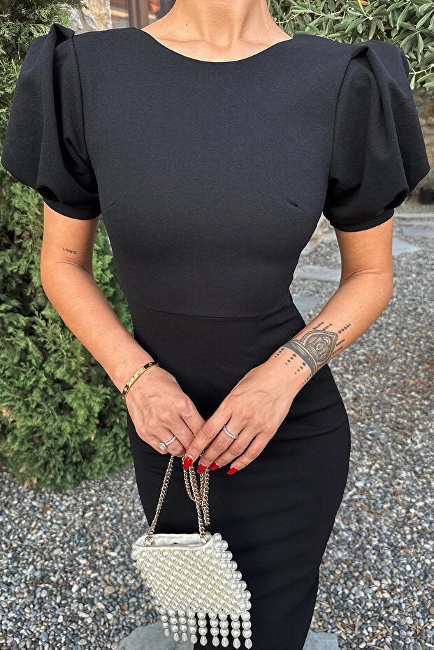 Siyah Sırt Detay Basic Elbise - 5