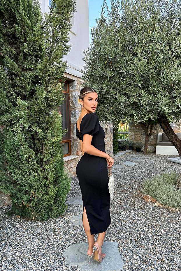 Siyah Sırt Detay Basic Elbise - 6