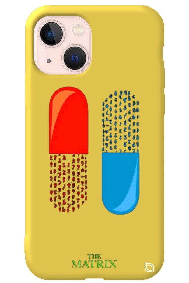 iPhone 15 Yellow Premium Silicone Phone Case with Velvet The Matrix Pill Pattern Inside