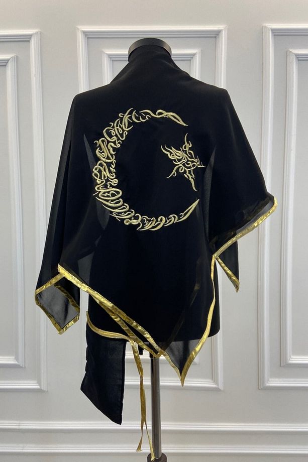 Siyah Şifon Lüks Damat Omuz Örtüsü, Gold Ayyıldız Nakışlı, Sağdıç Nedime Kına Asker Şalı Duvağı - 1