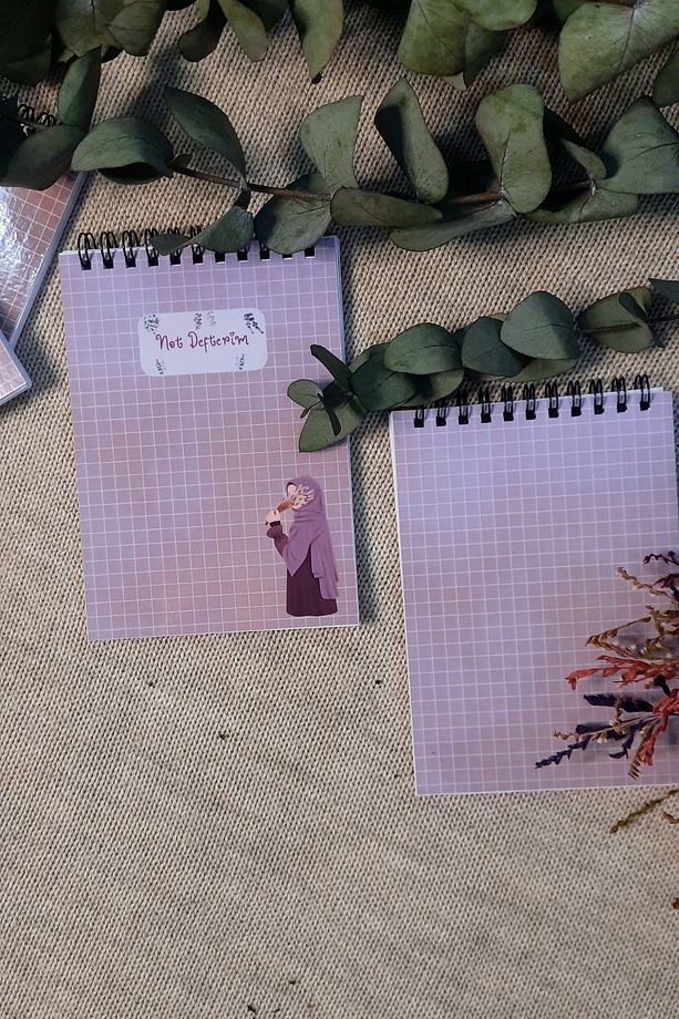Lavanta Hicab Kızı / A-6 Tel Spiralli Kareli Not Defteri Notepad . Memo Pad, Bloknot , Ramazan - 4