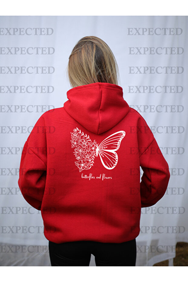 Women's Red Oversize Floral Butterfly Printed Hooded Sweatshirt Hoodie 3 Ip