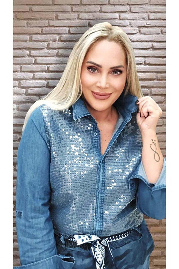 Önü Payetli Denim Gömlek - 2